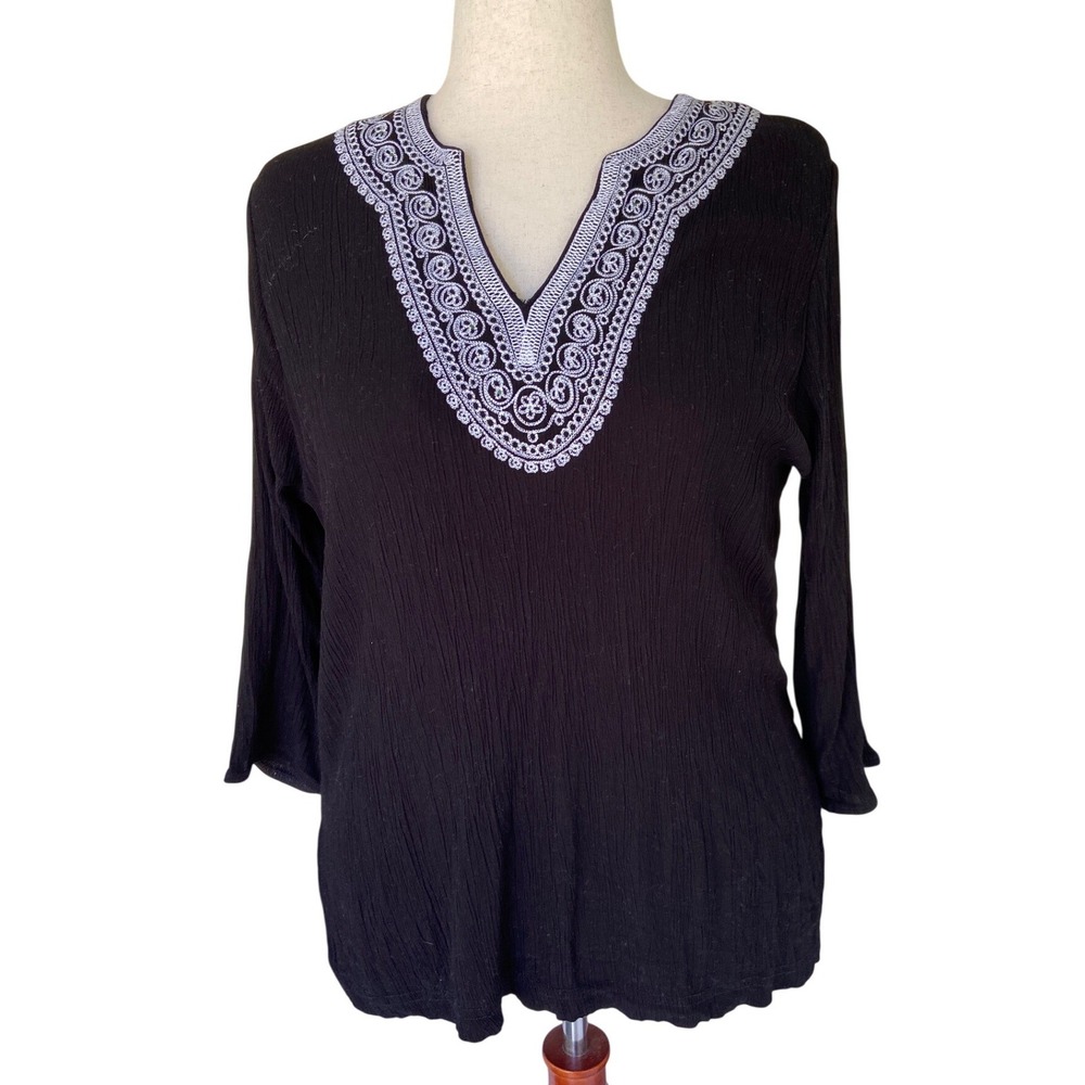 Embroidered Boho Blouse Top V-Neck Rayon Gauze Black